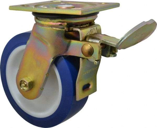 E.R. Wagner - 6" Diam x 2" Wide x 7-1/2" OAH Top Plate Mount Swivel Caster with Brake - Polyurethane, 900 Lb Capacity, Delrin Bearing, 4 x 4-1/2" Plate - Apex Tool & Supply