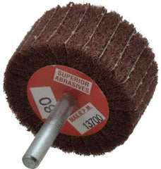 Superior Abrasives - 2" Diam x 1" Face Width, Medium Aluminum Oxide Coated Mounted Flap Wheel - 1/4" Shank Mount, 80 Grit, Interleaf, 12,000 Max RPM - Apex Tool & Supply