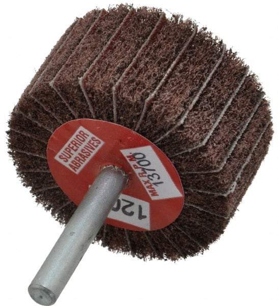 Superior Abrasives - 2" Diam x 1" Face Width, Fine Aluminum Oxide Coated Mounted Flap Wheel - 1/4" Shank Mount, 120 Grit, Interleaf, 12,000 Max RPM - Apex Tool & Supply