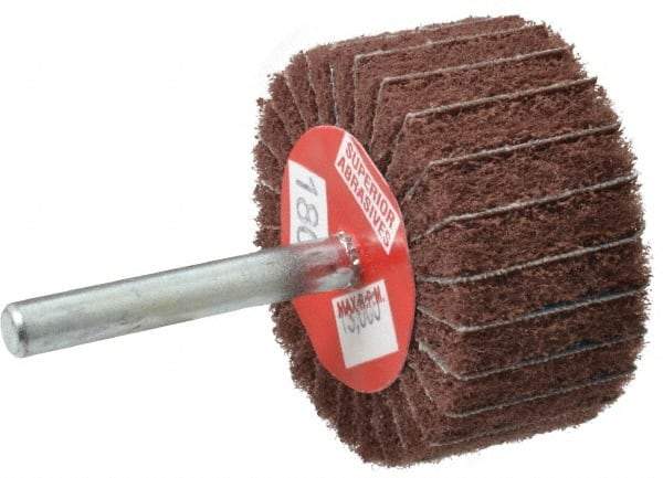 Superior Abrasives - 2" Diam x 1" Face Width, Very Fine Aluminum Oxide Coated Mounted Flap Wheel - 1/4" Shank Mount, 180 Grit, Interleaf, 12,000 Max RPM - Apex Tool & Supply