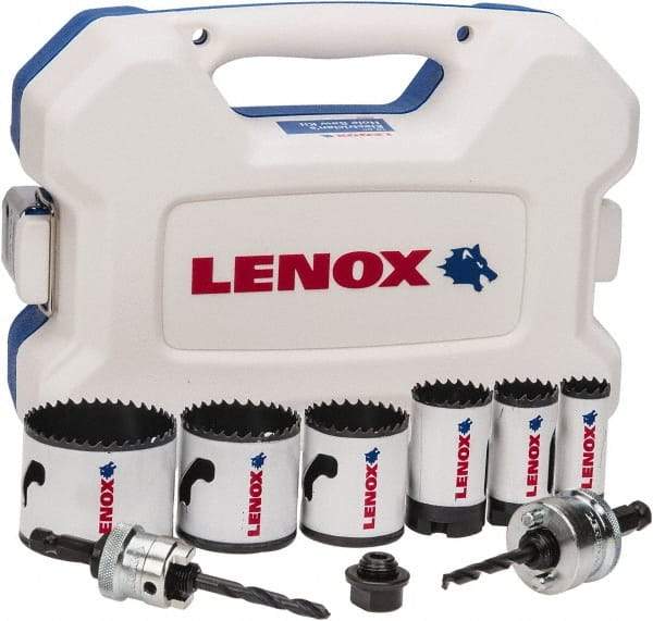 Lenox - 9 Piece, 7/8" to 2-1/4" Saw Diam, Electrician's Hole Saw Kit - Bi-Metal, Toothed Edge, Includes 6 Hole Saws - Apex Tool & Supply