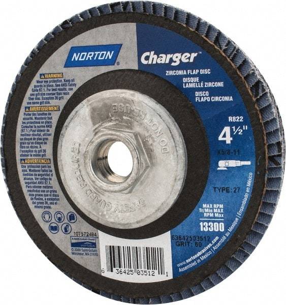 Norton - 60 Grit, 4-1/2" Disc Diam, 5/8-11 Center Hole, Type 27 Zirconia Alumina Flap Disc - 13,000 Max RPM, Fiberglass Backing, Arbor Attaching System, Coated - Apex Tool & Supply