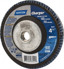 Norton - 60 Grit, 4-1/2" Disc Diam, 5/8-11 Center Hole, Type 27 Zirconia Alumina Flap Disc - 13,000 Max RPM, Fiberglass Backing, Arbor Attaching System, Coated - Apex Tool & Supply