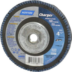 Norton - 60 Grit, 4-1/2" Disc Diam, 7/8" Center Hole, Type 27 Zirconia Alumina Flap Disc - 13,000 Max RPM, Fiberglass Backing, Arbor Attaching System, Coated - Apex Tool & Supply