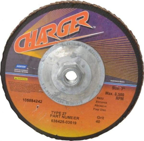 Norton - 40 Grit, 7" Disc Diam, 5/8-11 Center Hole, Type 27 Zirconia Alumina Flap Disc - 8,600 Max RPM, Fiberglass Backing, Coated - Apex Tool & Supply