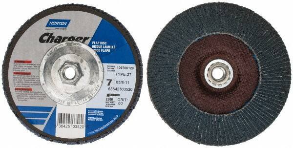 Norton - 60 Grit, 7" Disc Diam, 5/8-11 Center Hole, Type 27 Zirconia Alumina Flap Disc - 8,600 Max RPM, Fiberglass Backing, Coated - Apex Tool & Supply