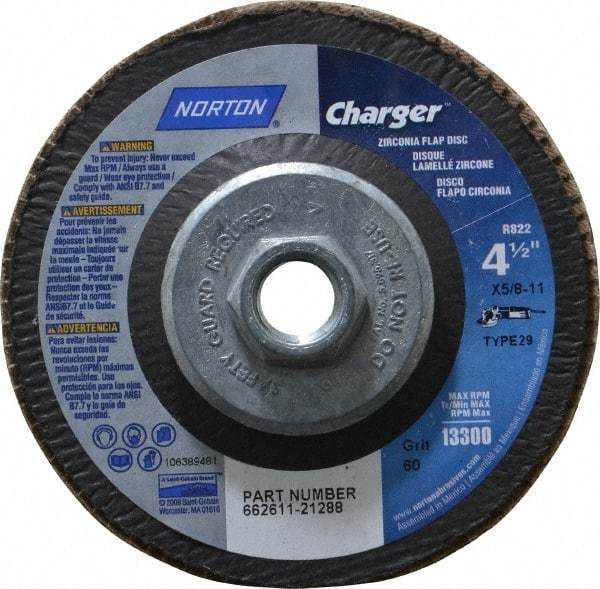 Norton - 60 Grit, 4-1/2" Disc Diam, 5/8-11 Center Hole, Type 29 Zirconia Alumina Flap Disc - 13,000 Max RPM, Fiberglass Backing, Arbor Attaching System, Coated - Apex Tool & Supply