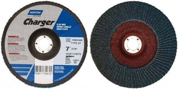 Norton - 40 Grit, 7" Disc Diam, 7/8" Center Hole, Type 27 Zirconia Alumina Flap Disc - 8,600 Max RPM, Fiberglass Backing, Coated - Apex Tool & Supply