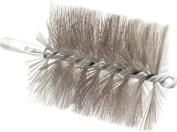 Schaefer Brush - 4-1/2" Brush Length, 4" Diam, Double Stem, Double Spiral Tube Brush - 7-1/4" Long, Stainless Steel, 1/4" NPSM Male Connection - Apex Tool & Supply