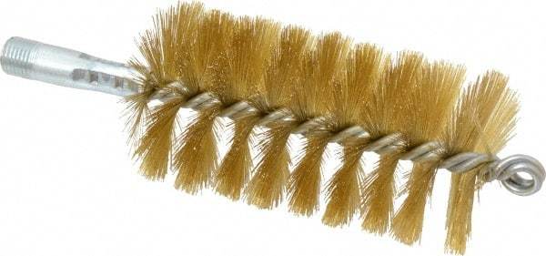 Schaefer Brush - 4-1/2" Brush Length, 2-1/4" Diam, Double Stem, Single Spiral Tube Brush - 8" Long, Brass, 1/4" NPSM Male Connection - Apex Tool & Supply