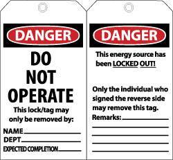 NMC - 3" High x 6" Long, DANGER - DO NOT OPERATE - THIS LOCK/TAG MAY ONLY BE REMOVED BY: NAME___ DEPT___ EXPECTED COMPLETION___, English Safety & Facility Lockout Tag - Tag Header: Danger, 2 Sides, Black, Red & White Unrippable Vinyl - Apex Tool & Supply
