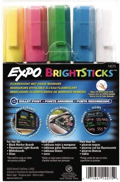 Expo - Blue, Green Pink, Yellow & White Bullet Point Wet Erase Markers - For Use with Black Marker Boards, Fluorescent Light Boards, Glass Boards & White Boards - Apex Tool & Supply
