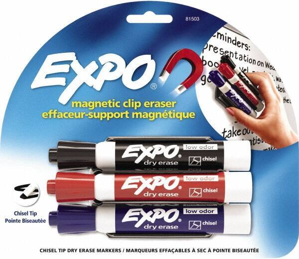 Expo - Chisel Tip 3 Pack with Dry Eraser - Includes Black, Red & Purple & Eraser, For Use with Dry Erase Marker Boards - Apex Tool & Supply