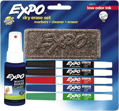 Expo - Red, Blue, Green & 2 Black Low Odor Fine Tip 5 Pack Dry Erase Markers - Includes 3 oz Cleaning Fluid & Eraser, For Use with Dry Erase Marker Boards - Apex Tool & Supply