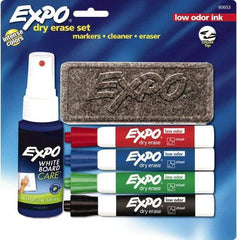 Expo - Red, Blue, Green & Black Low Odor 4 Pack Chisel Tip Dry Erase Markers - Includes Eraser & 3 oz Cleaning Fluid, For Use with Dry Erase Marker Boards - Apex Tool & Supply