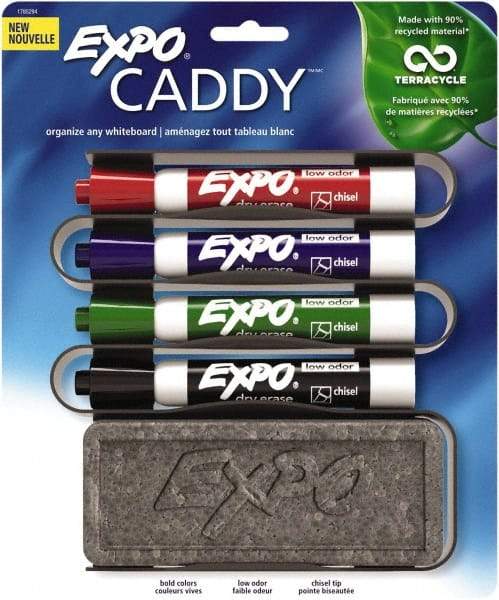 Expo - Red, Black, Blue & Green Low Odor Chisel Tip Markers 4 Pack Dry Erase Markers - Includes Eraser & Caddy Organizer, For Use with Dry Erase Marker Boards - Apex Tool & Supply