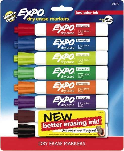 Expo - Black, Blue, Brown, Green, Orange, Pink, Purple & Red Low Odor Chisel Tip 8 Pack Dry Erase Markers - For Use with Dry Erase Marker Boards - Apex Tool & Supply