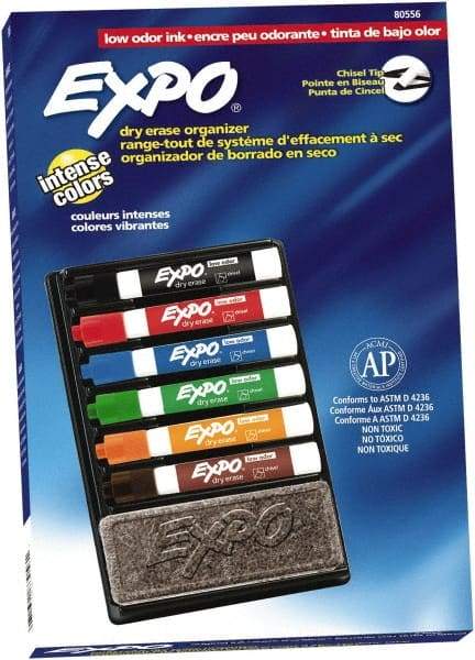 Expo - Black, Blue, Brown, Green, Orange, & Red Low Odor Chisel Tip Markers 6 Pack Dry Erase Markers - Includes Eraser & Organizer, For Use with Dry Erase Marker Boards - Apex Tool & Supply