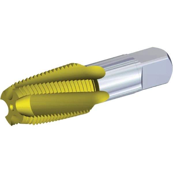 Kennametal - 1/8-27 NPT, 15° Helix, 4 Flutes, 2-1/2 - 3-1/2 Chamfer, TiN Finish, High Speed Steel, Spiral Flute Pipe Tap - Right Hand Flute, 7/16" Shank Diam, 3/4" Thread Length, 0.3120" Projection, Series T854 - Apex Tool & Supply