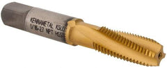 Kennametal - 1/16-27 NPT, 15° Helix, 4 Flutes, 2-1/2 - 3-1/2 Chamfer, TiN Finish, High Speed Steel, Spiral Flute Pipe Tap - Right Hand Flute, 0.69" Thread Length, 0.3120" Projection, Series T854 - Apex Tool & Supply
