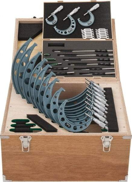 Mitutoyo - 0 to 12" Range, 23 Piece Mechanical Outside Micrometer Set - 0.0001" Graduation, 0.00010, 0.00015, 0.00020, 0.00025" Accuracy, Ratchet-Friction Thimble, Carbide Face - Apex Tool & Supply