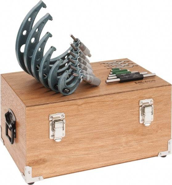 Mitutoyo - 0 to 6 " Range, 11 Piece Mechanical Outside Micrometer Set - 0.0001" Graduation, 0.00010, 0.00015" Accuracy, Ratchet-Friction Thimble, Carbide Face - Apex Tool & Supply