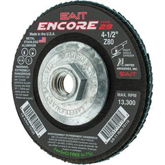 Sait - 80 Grit, 4-1/2" Disc Diam, 5/8-11 Center Hole, Type 29 Zirconia Alumina Flap Disc - 13,300 Max RPM, Fiberglass Backing, Arbor Attaching System, Coated - Apex Tool & Supply