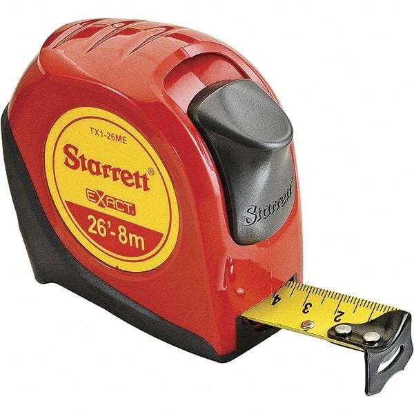 Starrett - 26' x 1" Yellow Blade Tape Measure - 1/16" & 1mm Graduation, S9 Graduation Style, Red Case - Apex Tool & Supply