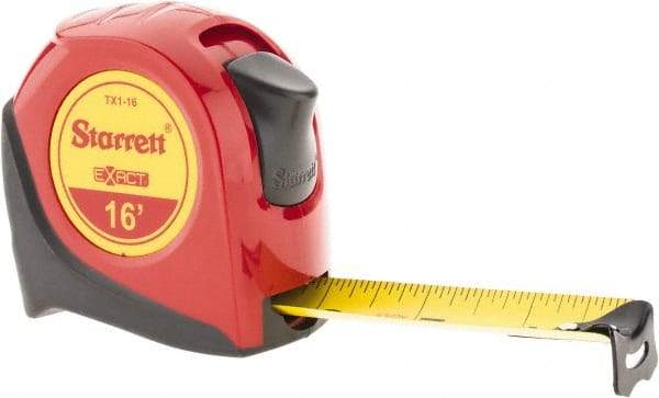 Starrett - 16' x 1" Yellow Blade Tape Measure - 1/16" Graduation, S1 Graduation Style, Red Case - Apex Tool & Supply
