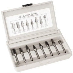 Cle-Line - 8 Piece, 1/4" Shank Burr Set - Solid Carbide, Multiple Head Shapes - Apex Tool & Supply