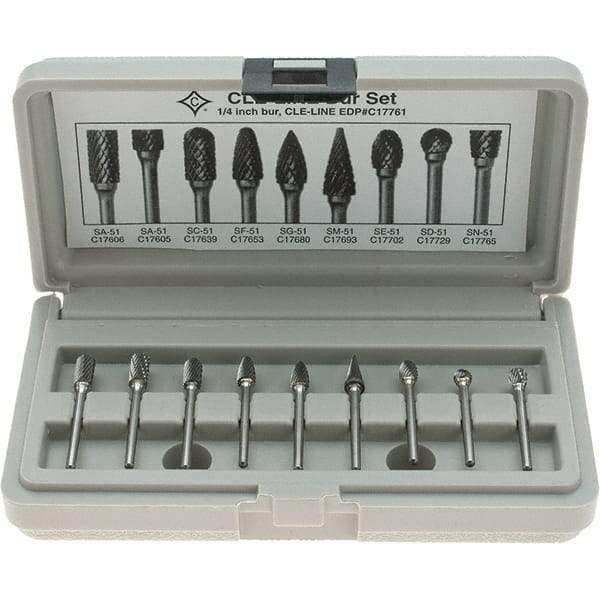 Cle-Line - 9 Piece, 1/8" Shank Burr Set - Solid Carbide, Multiple Head Shapes - Apex Tool & Supply