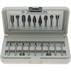 Cle-Line - 9 Piece, 1/8" Shank Burr Set - Solid Carbide, Multiple Head Shapes - Apex Tool & Supply