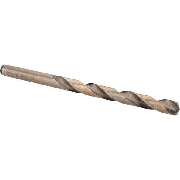 Chicago-Latrobe - Letter E (1/4) 135° Cobalt Jobber Drill - Gold Finish Finish, Right Hand Cut, Spiral Flute, Straight Shank, 101.6mm OAL, Split Point - Apex Tool & Supply