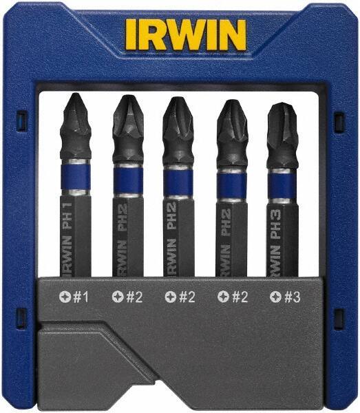 Irwin - 5 Piece, Phillips Handle, Power Bit Set - No. 1 to No. 3 Phillips - Apex Tool & Supply