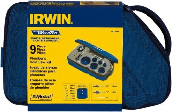 Irwin Blades - 9 Piece, 3/4" to 2-1/4" Saw Diam, Plumber's Hole Saw Kit - Bi-Metal, Toothed Edge, Pilot Drill Model No. 373000, Includes 6 Hole Saws - Apex Tool & Supply