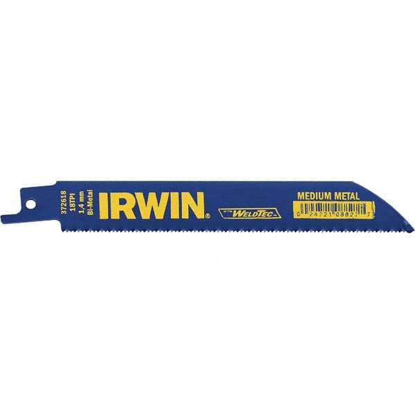 Irwin Blades - 6" Long, Bi-Metal Reciprocating Saw Blade - Straight Profile, 18 TPI, Toothed Edge, Tang Shank - Apex Tool & Supply
