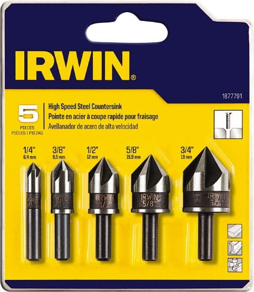 Irwin - 5 Piece, 1/4 to 3/4" Head Diam, 82° Included Angle, Single End Countersink Set - Apex Tool & Supply