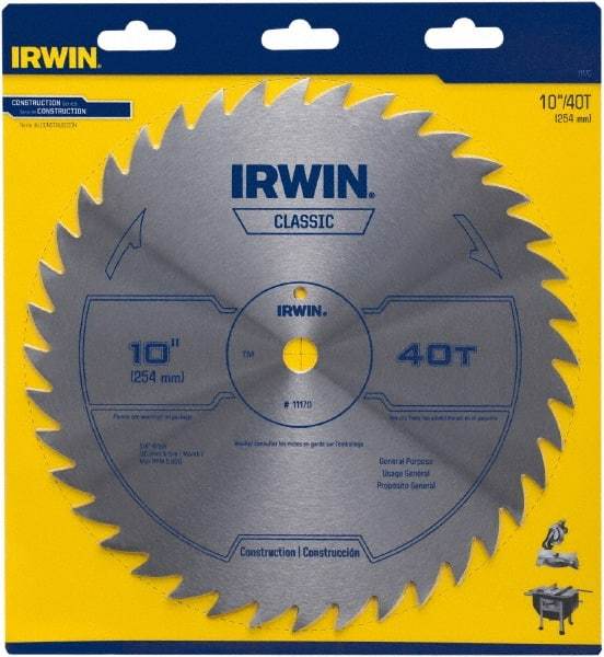 Irwin Blades - 10" Diam, 5/8" Arbor Hole Diam, 40 Tooth Wet & Dry Cut Saw Blade - High Carbon Steel, Smooth Action, Standard Round Arbor - Apex Tool & Supply