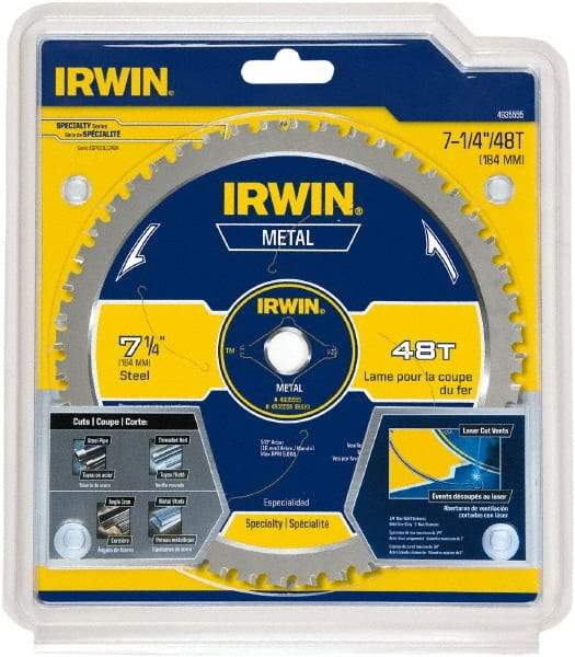 Irwin Blades - 7-1/4" Diam, 5/8" Arbor Hole Diam, 48 Tooth Wet & Dry Cut Saw Blade - Carbide-Tipped, Smooth Action, Standard Round Arbor - Apex Tool & Supply