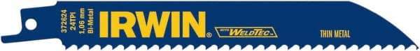 Irwin Blades - 6" Long, Bi-Metal Reciprocating Saw Blade - Straight Profile, 24 TPI, Toothed Edge, Tang Shank - Apex Tool & Supply