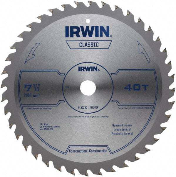 Irwin Blades - 7-1/4" Diam, 5/8" Arbor Hole Diam, 40 Tooth Wet & Dry Cut Saw Blade - Carbide-Tipped, Smooth Action, Diamond Arbor - Apex Tool & Supply