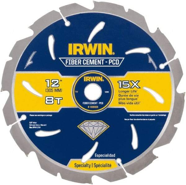 Irwin Blades - 12" Diam, 1" Arbor Hole Diam, 8 Tooth Wet & Dry Cut Saw Blade - Diamond-Tipped, Smooth Action, Standard Round Arbor - Apex Tool & Supply