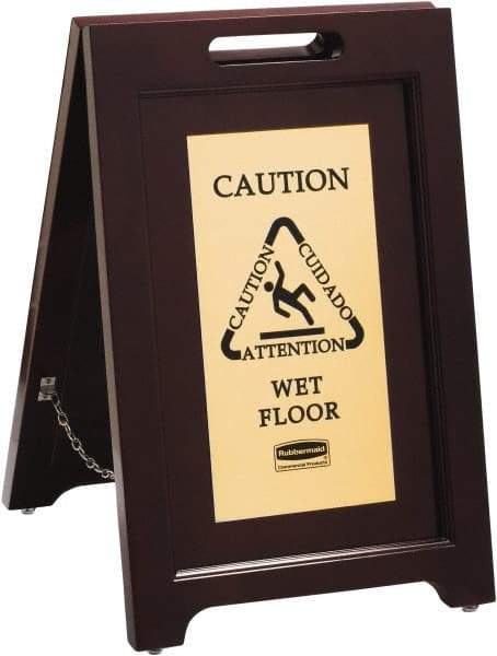 Rubbermaid - Attention/, Caution/, Cuidado/, Wet Floor, 15-1/8" Wide x 22" High, Wood Floor Sign - English/French/Spanish, A-Frame, Black on Gold, For Accident Prevention - Apex Tool & Supply