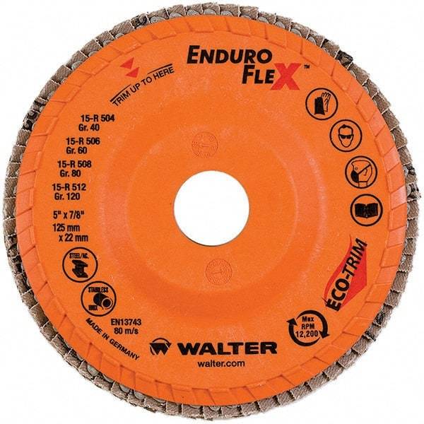 WALTER Surface Technologies - 40 Grit, 5" Disc Diam, 7/8" Center Hole, Type 28 Ceramic Flap Disc - 12,200 Max RPM, Plastic Backing, Arbor Attaching System, Coated - Apex Tool & Supply