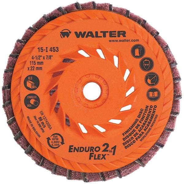 WALTER Surface Technologies - 4-1/2" Disc Diam, 5/8-11 Center Hole, Type 28 Ceramic Flap Disc - 13,300 Max RPM, Plastic Backing, Arbor Attaching System, Coated & Non-Woven Combo - Apex Tool & Supply