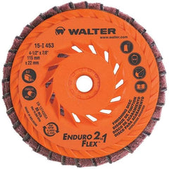 WALTER Surface Technologies - 4-1/2" Disc Diam, 5/8-11 Center Hole, Type 28 Ceramic Flap Disc - 13,300 Max RPM, Plastic Backing, Arbor Attaching System, Coated & Non-Woven Combo - Apex Tool & Supply