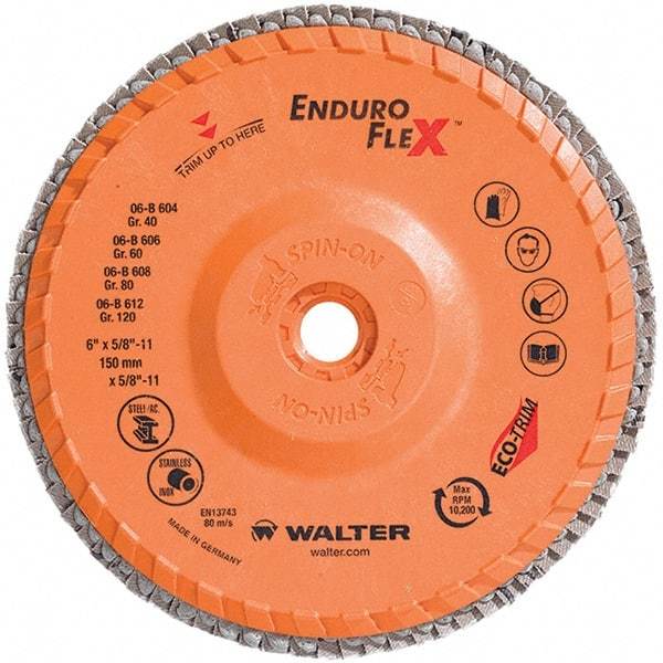 WALTER Surface Technologies - 40 Grit, 6" Disc Diam, 5/8-11 Center Hole, Type 28 Ceramic Flap Disc - 10,200 Max RPM, Plastic Backing, Arbor Attaching System, Coated - Apex Tool & Supply