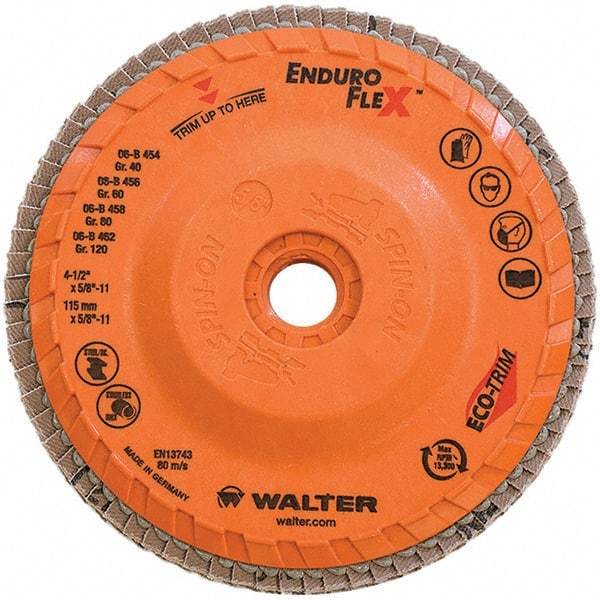 WALTER Surface Technologies - 80 Grit, 4-1/2" Disc Diam, 5/8-11 Center Hole, Type 28 Ceramic Flap Disc - 13,300 Max RPM, Plastic Backing, Arbor Attaching System, Coated - Apex Tool & Supply