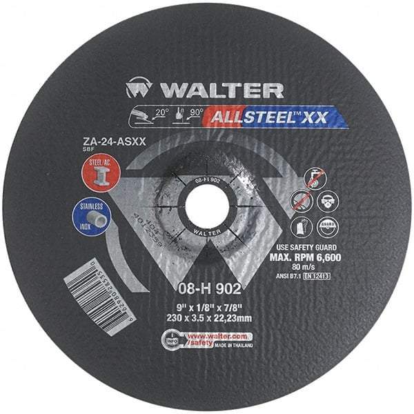 WALTER Surface Technologies - 24 Grit, 9" Wheel Diam, 1/8" Wheel Thickness, 7/8" Arbor Hole, Type 27 Depressed Center Wheel - Aluminum Oxide, Resinoid Bond, 6,600 Max RPM - Apex Tool & Supply
