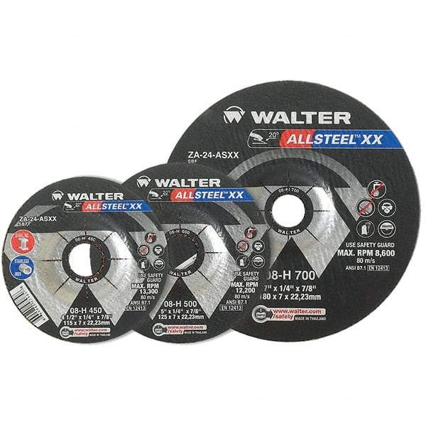 WALTER Surface Technologies - 24 Grit, 9" Wheel Diam, 1/4" Wheel Thickness, 7/8" Arbor Hole, Type 27 Depressed Center Wheel - Aluminum Oxide, Resinoid Bond, 6,600 Max RPM - Apex Tool & Supply